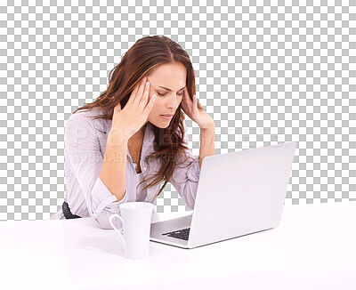 Buy stock photo Isolated woman, headache and tired with laptop, overtime and mental health by transparent png background. Businesswoman, pain and fatigue with computer, anxiety and depressed with deadline for report