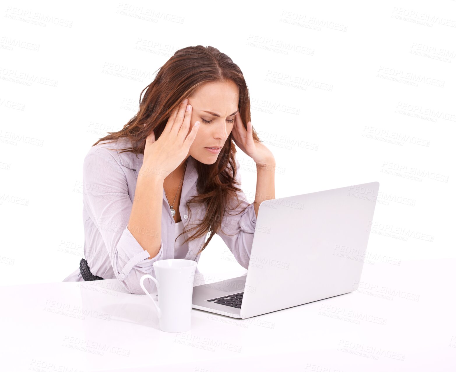 Buy stock photo Isolated woman, headache and tired with laptop, overtime and mental health by transparent png background. Businesswoman, pain and fatigue with computer, anxiety and depressed with deadline for report