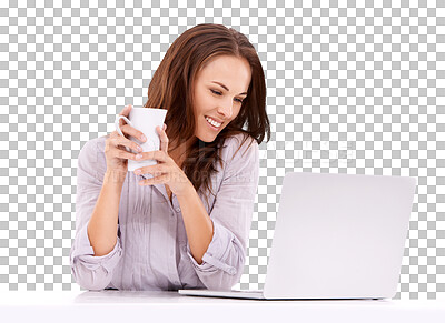 Buy stock photo Business, smile and woman with a laptop, promotion and opportunity with girl isolated against a transparent background. Female person, happy lady and entrepreneur with technology, coffee and png