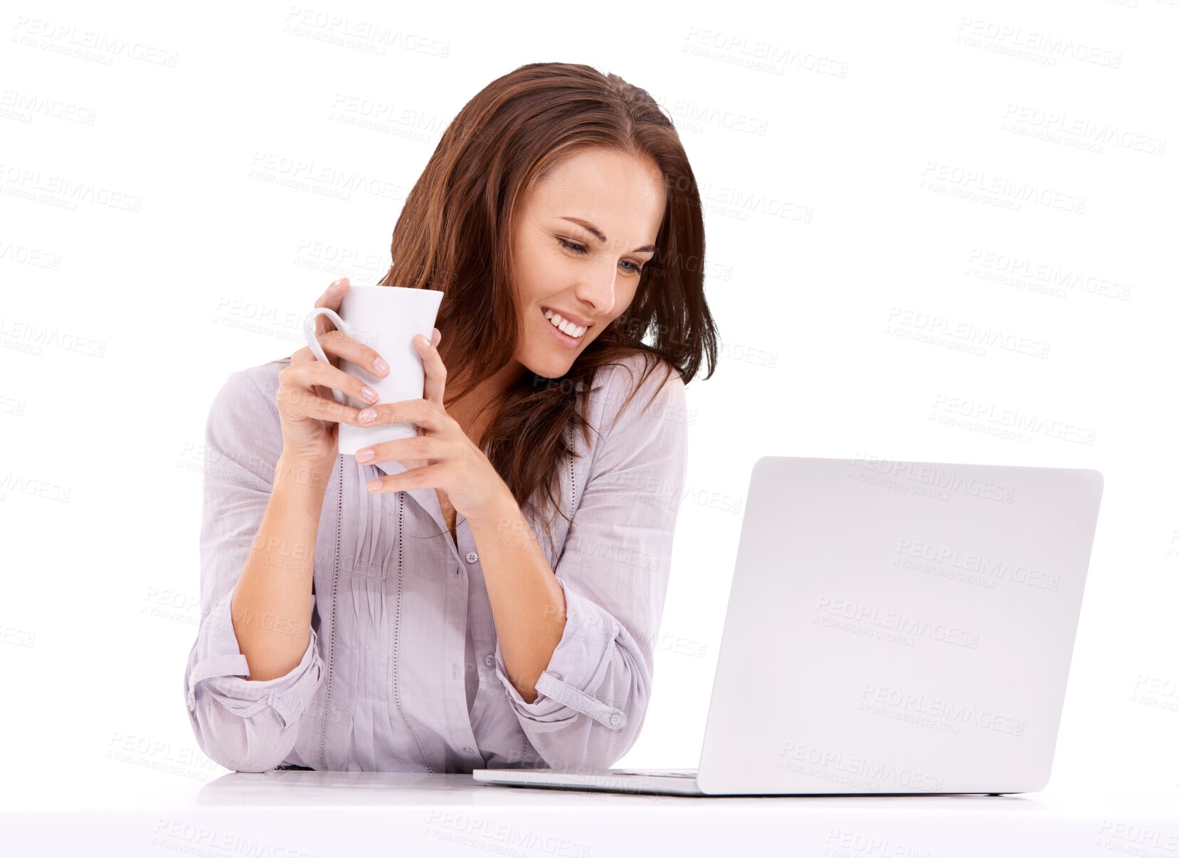 Buy stock photo Business, smile and woman with a laptop, promotion and opportunity with girl isolated against a transparent background. Female person, happy lady and entrepreneur with technology, coffee and png