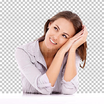 Buy stock photo Happy, thinking and woman with ideas, opportunity and thinker isolated against a transparent background. Female model, person and girl with happiness, wonder and thoughts with option, choice and png