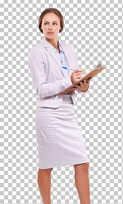 Buy stock photo Isolated woman, writing checklist and thinking with vision, strategy and inspection by transparent png background. Angry manager, model and paperwork for quality assurance, clipboard and check notes