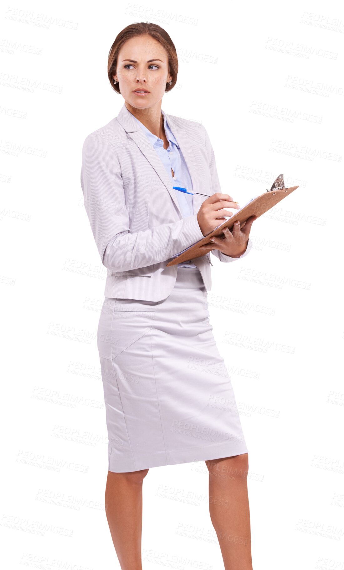 Buy stock photo Isolated woman, writing checklist and thinking with vision, strategy and inspection by transparent png background. Angry manager, model and paperwork for quality assurance, clipboard and check notes