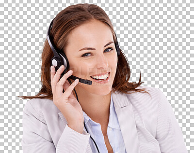 Buy stock photo Call center, portrait and woman isolated on transparent, png background for happy communication, tech support or chat. Professional agent, consultant or face of business person with telemarketing job