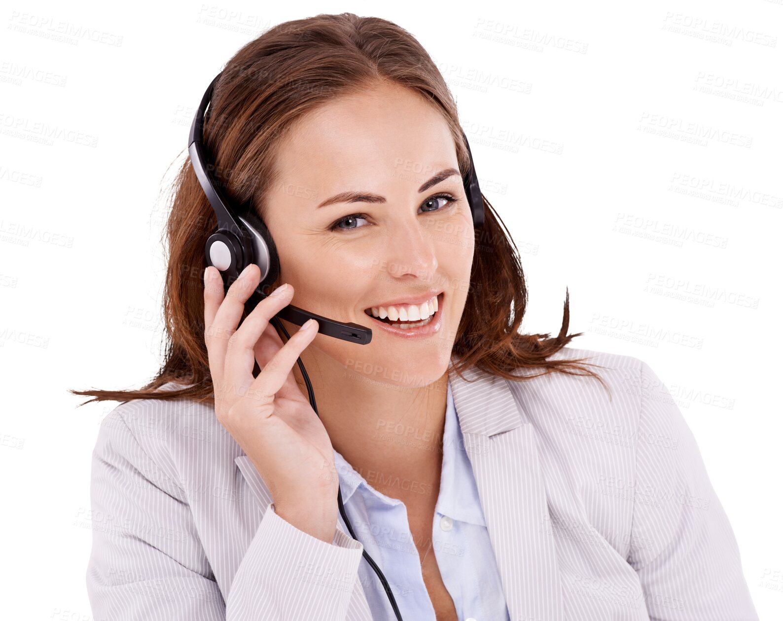 Buy stock photo Call center, portrait and woman isolated on transparent, png background for happy communication, tech support or chat. Professional agent, consultant or face of business person with telemarketing job