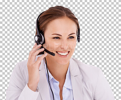 Buy stock photo Call center, communication and happy woman isolated on transparent, png background for tech support or virtual help. Professional agent, consultant or young business person with telemarketing vision