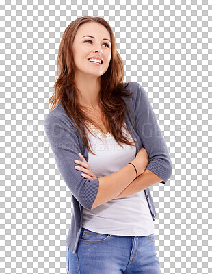 Buy stock photo Woman is thinking about ideas with arms crossed, thoughtful mindset and smile isolated on transparent, png background. Female person pondering, memory and wondering with questions and problem solving