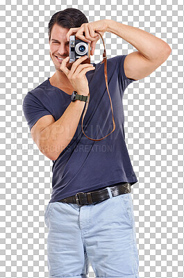 Buy stock photo Man, retro camera and portrait of a young photographer  holding equipment or creative on isolated and transparent png background. Photography, photoshoot and skills for a travel or tourist blog