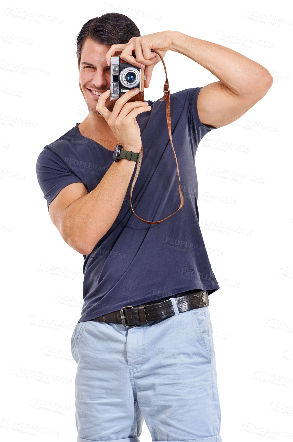 Buy stock photo Man, retro camera and portrait of a young photographer  holding equipment or creative on isolated and transparent png background. Photography, photoshoot and skills for a travel or tourist blog