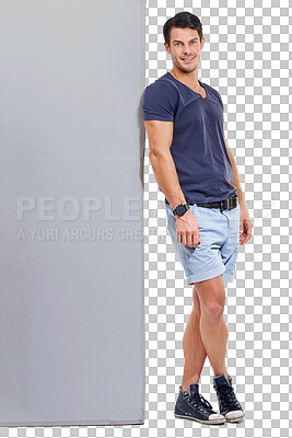 Studio portrait of a handsome young man istanding beside a blank sign isolated on a png background