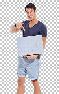 Buy stock photo Banner, point and excited portrait of man with poster on isolated, png and transparent background. Advertising, brand and happy male person with billboard for information, announcement and promotion