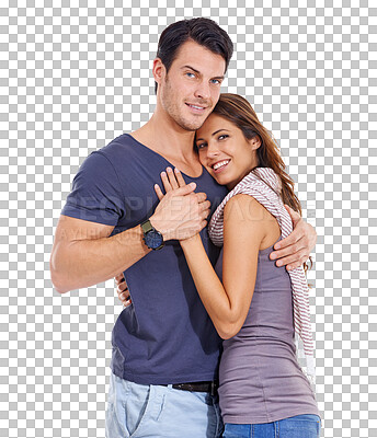 Buy stock photo Portrait, hug and couple with a smile, relationship and marriage isolated against a transparent background. Face, partners and woman with a man, embrace and romance with bonding, png and quality time