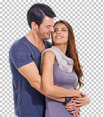 Buy stock photo Happiness, hug and couple with marriage, quality time and  relationship isolated against a transparent background. Partners, man and happy woman embrace, marriage and png with romance and affection