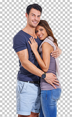 Buy stock photo Portrait, hug and couple with romance, smile and loving together with happiness isolated against a transparent background. Face, happy woman and man embrace, bonding and marriage with png and romance