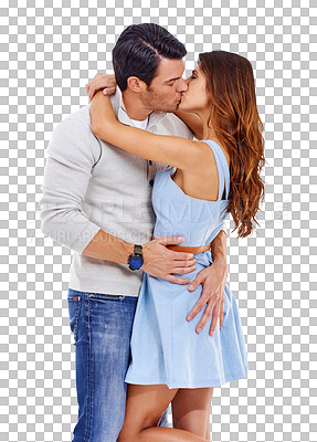 Buy stock photo Love, kiss and couple with a hug, romance and happiness isolated against a transparent background. Partners, man and woman kissing, quality time and loving together with png, romantic and bonding