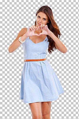 Buy stock photo Portrait, woman with hands heart gesture and in png or transparent background. Emoji communication, person with care or peace sign and female model promoting love or happiness in isolated studio