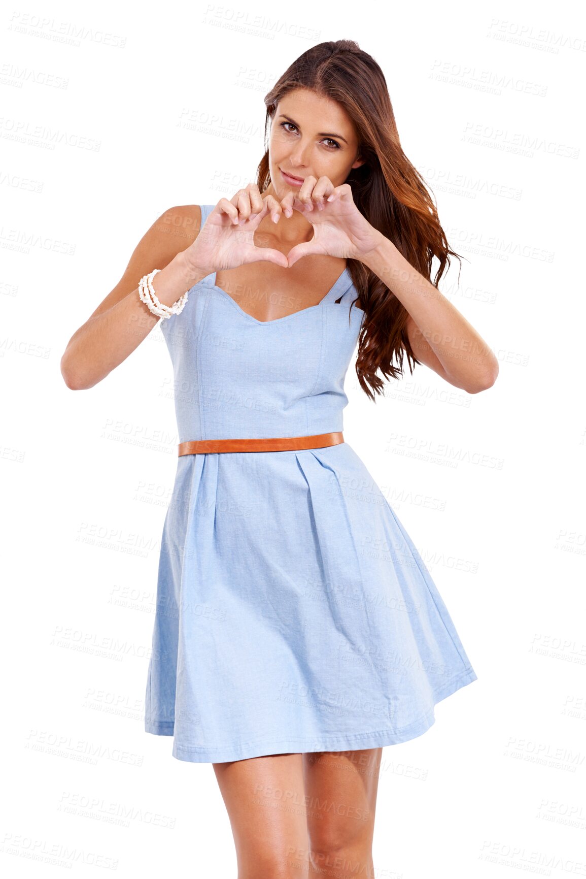 Buy stock photo Portrait, woman with hands heart gesture and in png or transparent background. Emoji communication, person with care or peace sign and female model promoting love or happiness in isolated studio