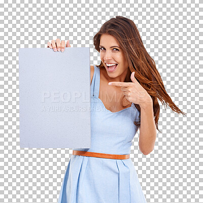 Buy stock photo Excited, poster and portrait of woman point on isolated, png and transparent background. Advertising, branding and happy female person with billboard for information, announcement and promotion news