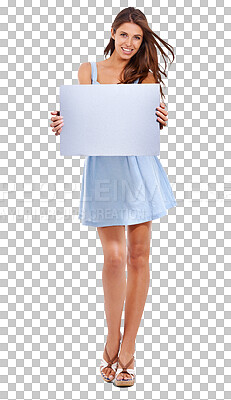 Buy stock photo Banner, billboard and portrait of woman with poster on isolated, png and transparent background. Advertising, branding and happy female person with sign for information, announcement and promotion