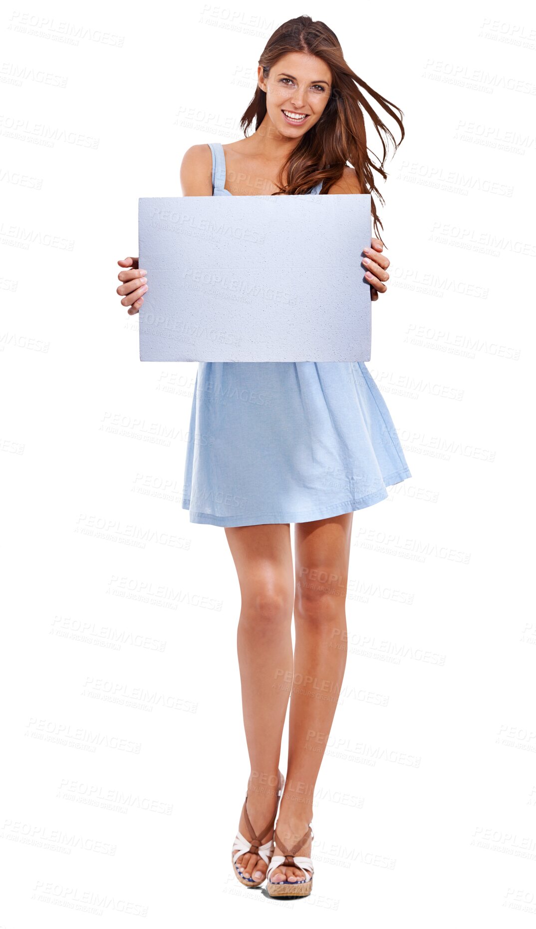 Buy stock photo Banner, billboard and portrait of woman with poster on isolated, png and transparent background. Advertising, branding and happy female person with sign for information, announcement and promotion