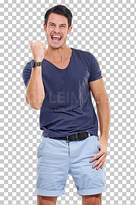 Buy stock photo Winning, fist and portrait of a man with motivation, celebration and success. Male person, model and face with lottery deal and excited from announcement isolated on a transparent, png background