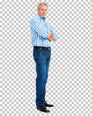 Buy stock photo Portrait, man with arms crossed and in png or transparent background. Assertive or focused, male with serious facial expression or tough pose and smart casually dressed isolated person standing