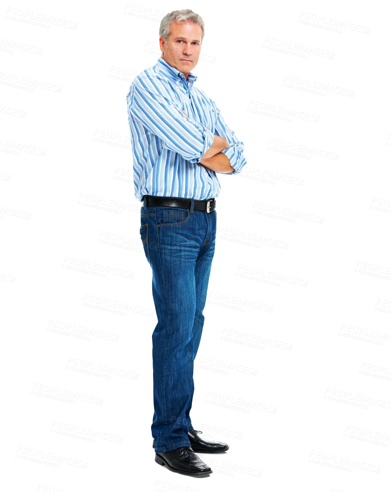 Buy stock photo Portrait, man with arms crossed and in png or transparent background. Assertive or focused, male with serious facial expression or tough pose and smart casually dressed isolated person standing