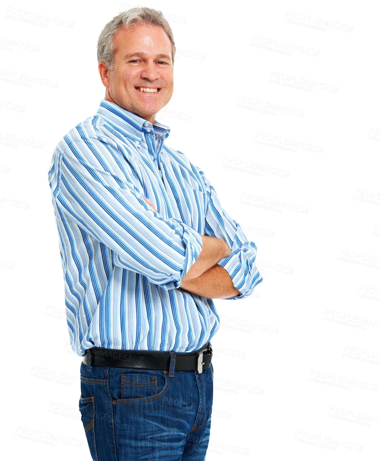 Buy stock photo Mature man, smile and portrait with arms crossed and confidence isolated on a transparent, png background. Happy, entrepreneur and male person model with success and happiness feeling friendly