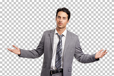 Buy stock photo Confident, open arms and portrait of business man on isolated, png and transparent background. Corporate, professional and male entrepreneur with confidence, pride and gesture for decision or choice