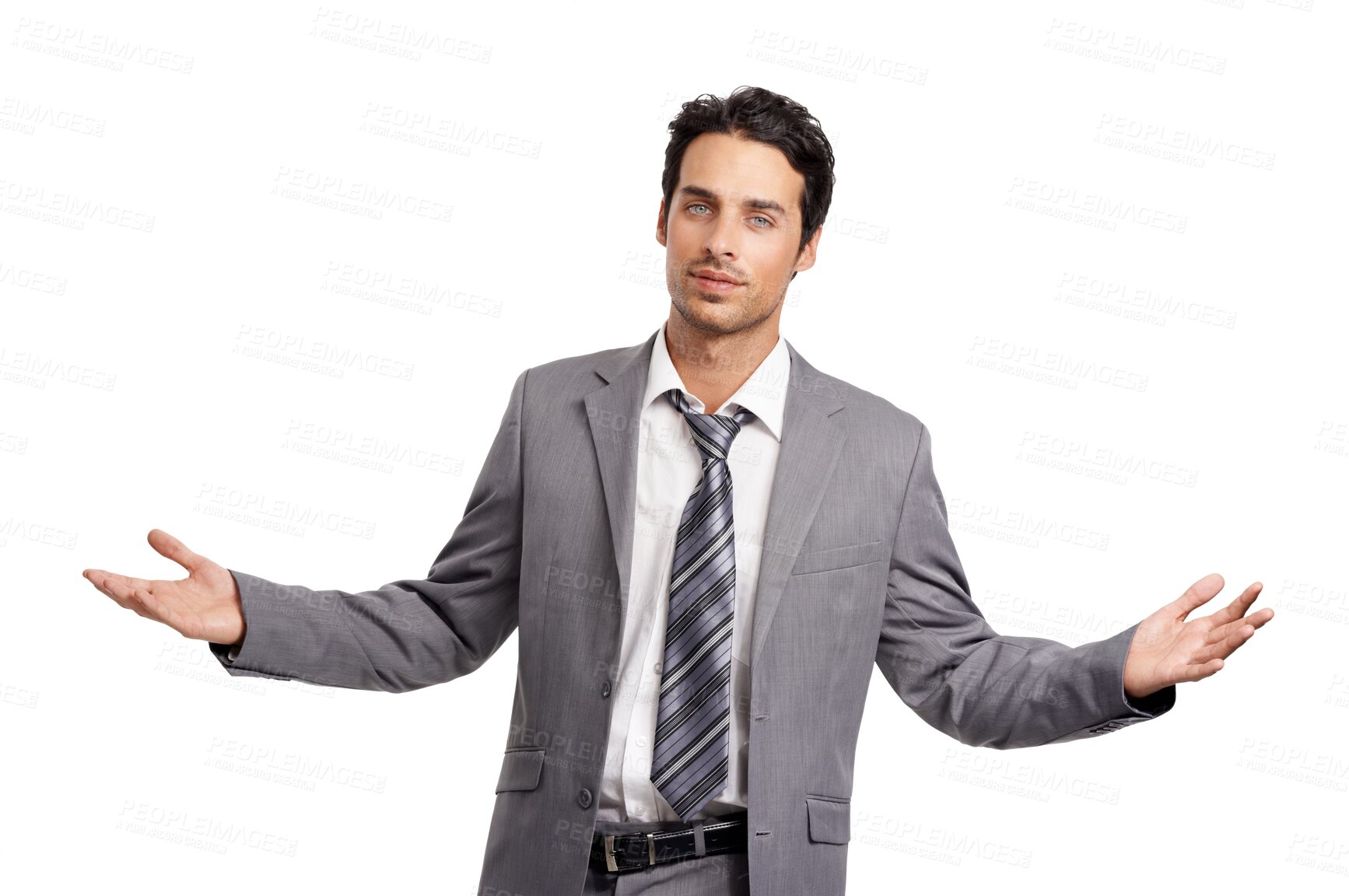 Buy stock photo Confident, open arms and portrait of business man on isolated, png and transparent background. Corporate, professional and male entrepreneur with confidence, pride and gesture for decision or choice