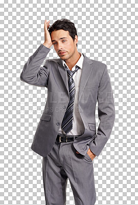 Buy stock photo Businessman, stress and headache or pain of a model on a transparent, png background. A professional man with burnout, anxiety and mental health problem as tired corporate worker or employee