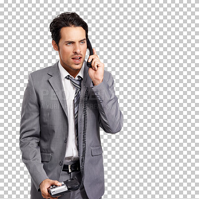 Buy stock photo Angry businessman, talking and shouting on telephone about communication problem or stress. Professional man with anger, depression and frustrated on call isolated on a transparent, png background