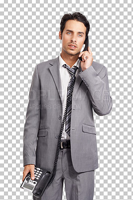 Buy stock photo Business man, talking and telephone call for communication, problem or stress. Professional man with landline for conversation with a corporate contact isolated on a transparent, png background