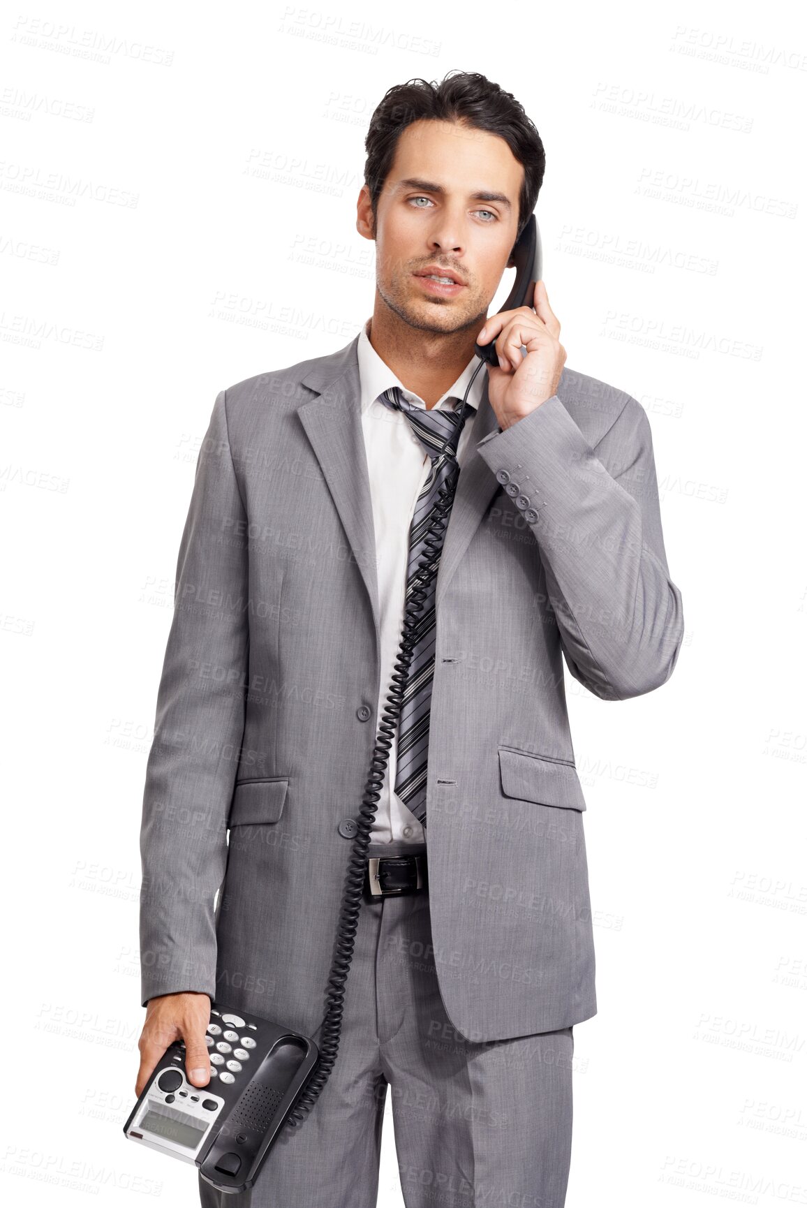 Buy stock photo Business man, talking and telephone call for communication, problem or stress. Professional man with landline for conversation with a corporate contact isolated on a transparent, png background