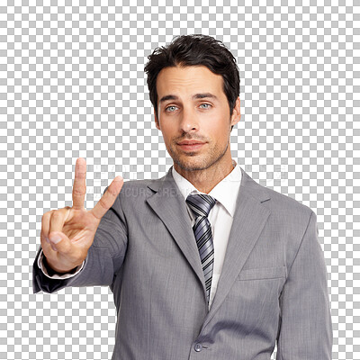 Buy stock photo Business man, face and hand for peace sign for a positive mindset and motivation for success. Male entrepreneur person with v emoji for corporate career isolated on a transparent, png background