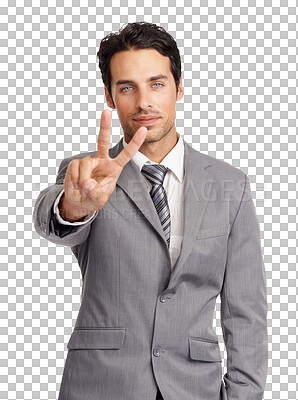 Buy stock photo Peace sign, happy and business man portrait with a positive mindset and motivation for success. Male entrepreneur person with v emoji or hand for career pride isolated on transparent, png background