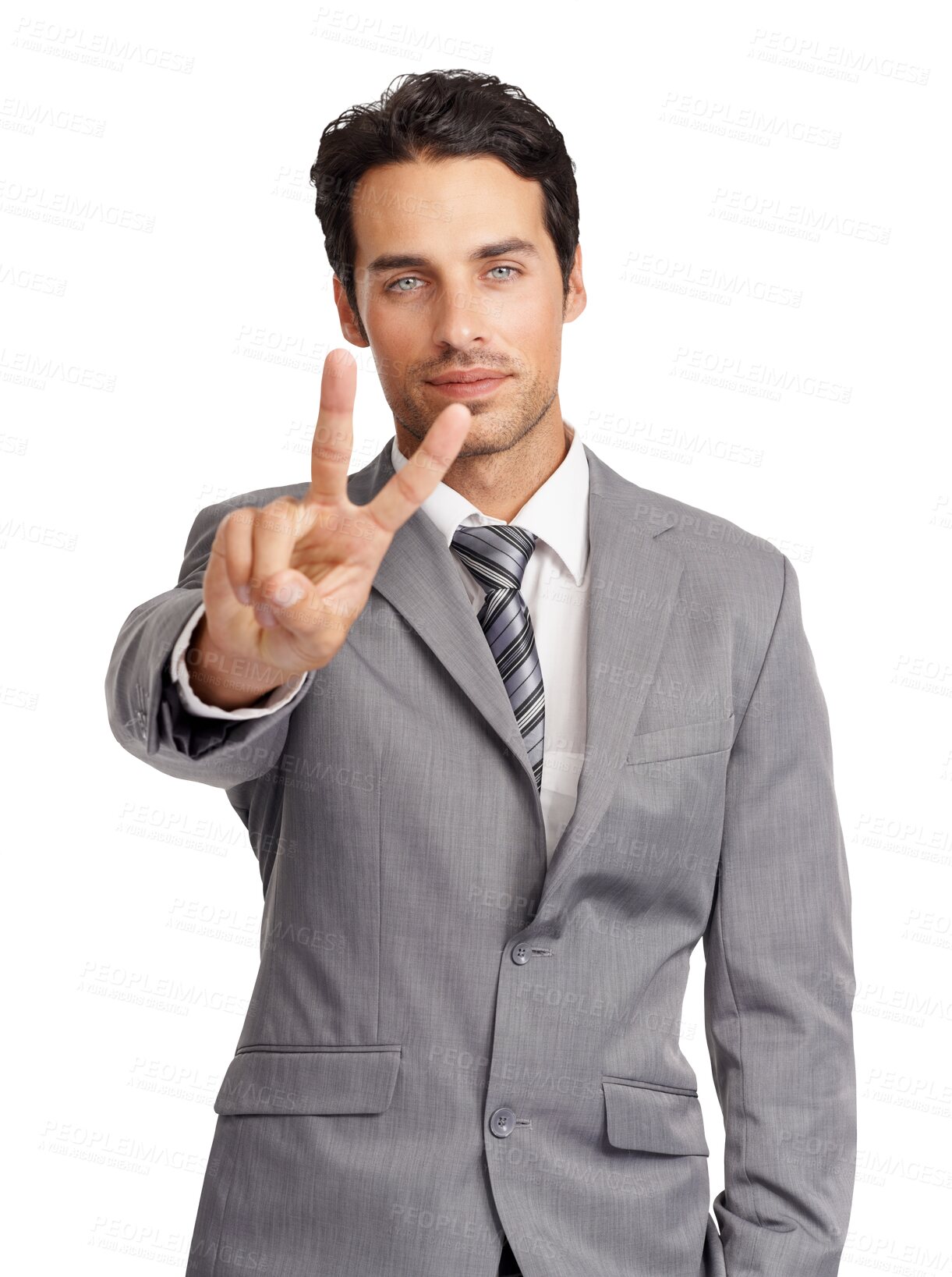 Buy stock photo Peace sign, happy and business man portrait with a positive mindset and motivation for success. Male entrepreneur person with v emoji or hand for career pride isolated on transparent, png background