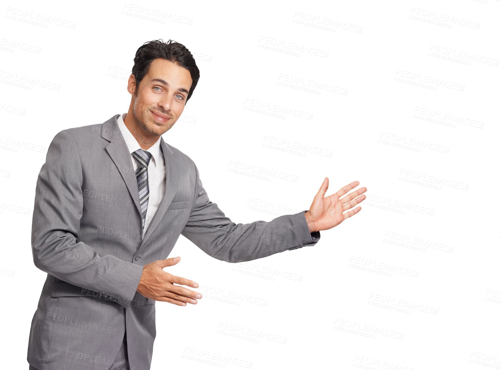 Buy stock photo Hands, advertising and portrait of business man with announcement, review or feedback. Entrepreneur person with hand for presentation, marketing or promotion isolated on a transparent, png background