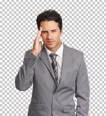 Buy stock photo Headache, stress or frustrated business man or a tired model with depression, fail or mistake. Professional person with hand on face for corporate crisis isolated on transparent, png background