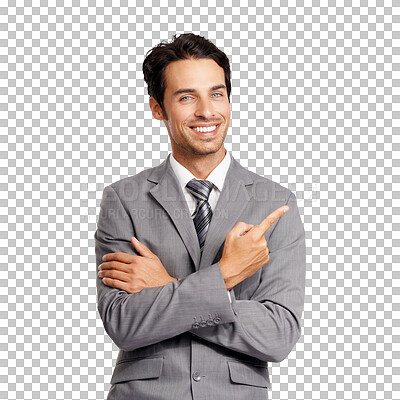 Buy stock photo Business man, smile portrait and pointing hand for advertising, promotion or presentation. Happy male entrepreneur person gesture for marketing direction isolated on a transparent, png background