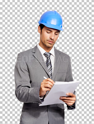 Buy stock photo Engineering, business man and paperwork isolated on a transparent, png background for compliance check or inspection. Architecture, floor plan and writing of contractor or professional person in suit