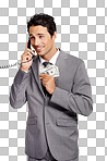 An unethical businessman shoving a wad of cash into his jacket pocket while on a telephone isolated on a png background