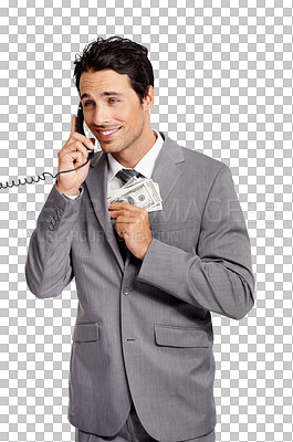 Buy stock photo Telephone, cash and business man on a call for deal, partnership or corporate finance. Confidence, gamble and professional male employee with money and landline isolated by transparent png background