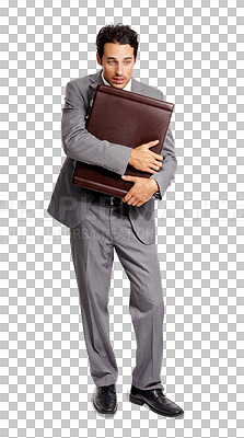 Buy stock photo Job loss, sad and a thinking man with a briefcase isolated on a transparent png background. Business, corporate and an unhappy employee looking scared after work fail, mistake or problem with a bag