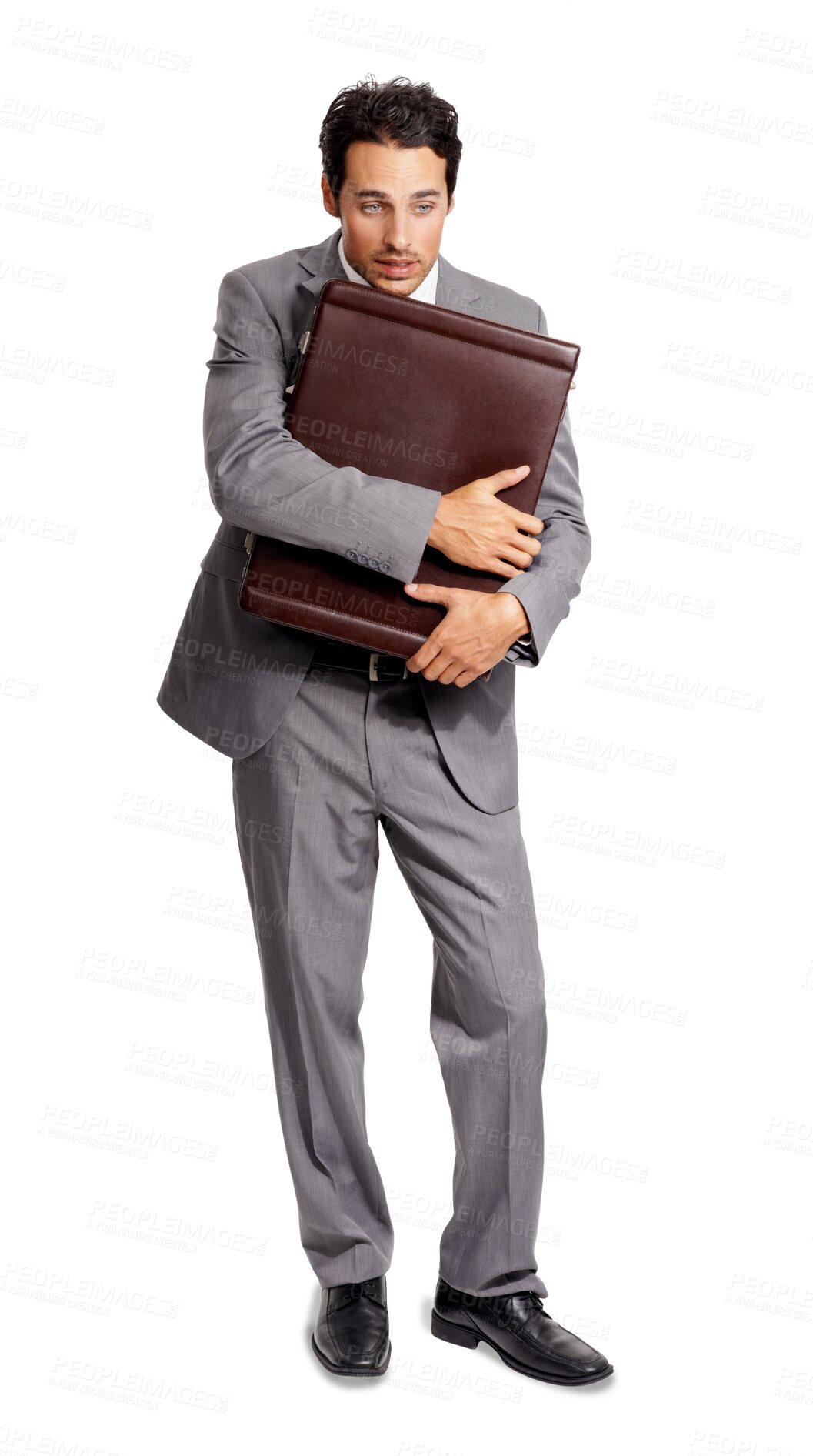 Buy stock photo Job loss, sad and a thinking man with a briefcase isolated on a transparent png background. Business, corporate and an unhappy employee looking scared after work fail, mistake or problem with a bag