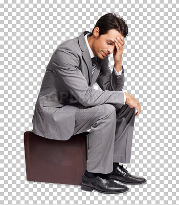 Buy stock photo Business man, stress or fail and fired for mistake, bankruptcy or mental health. Professional person on briefcase for corporate crisis, mistake or regret isolated on transparent, png background