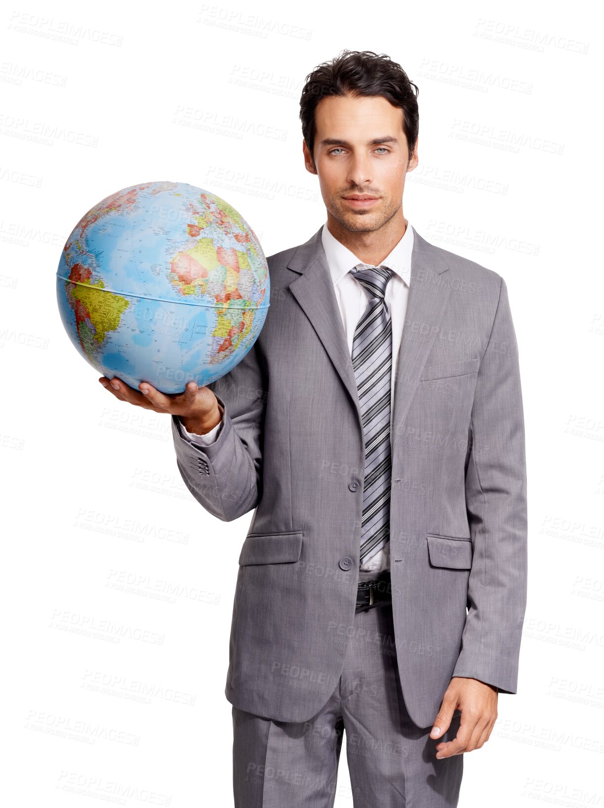 Buy stock photo Portrait, young business man and globe on hand with a png background or professional with clear vision for future growth in the world. Male entrepreneur, corporate and global recruitment for hire  