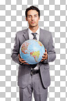 A handsome executive holding a globe while isolated on a png background