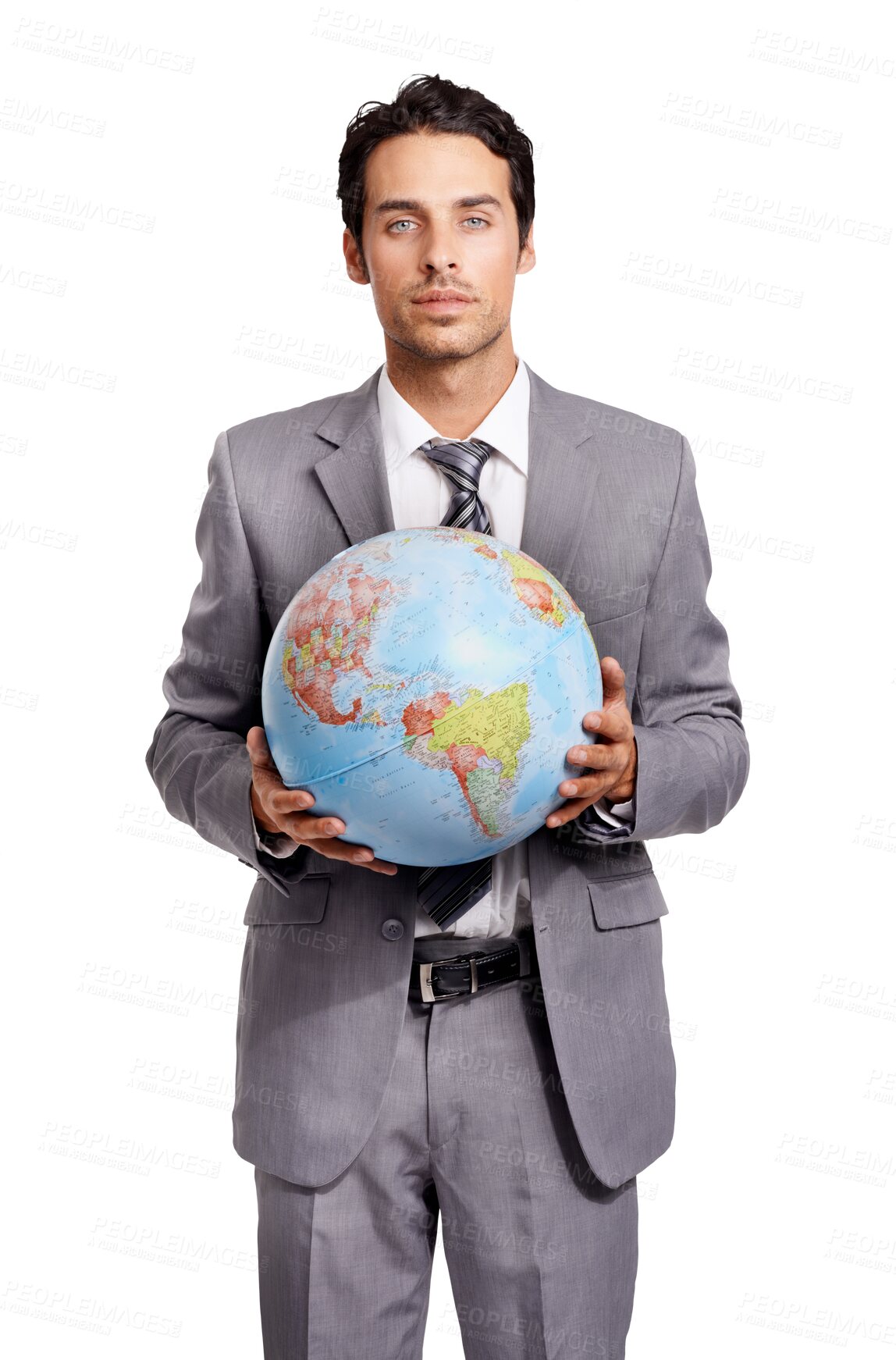 Buy stock photo Global business, portrait and a businessman with a globe isolated on a transparent png background. Planet, work and a corporate employee with an earth for eco friendly and sustainable workplace