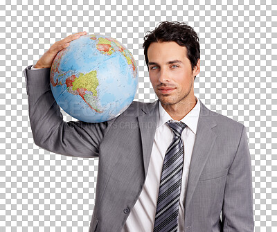 Buy stock photo Portrait, business and man with a globe, entrepreneur and development isolated against a transparent background. Face, male employee or consultant with growth, earth and world with png and innovation